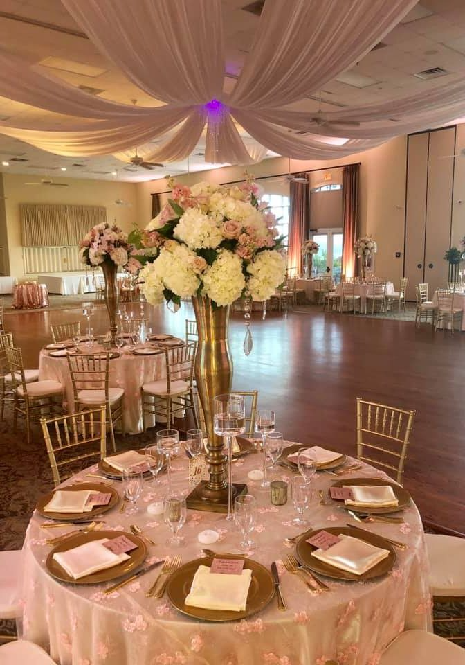 67197826_2464777250281489_8550252942475657216_n Blush Baby Rose Overlays with Ivory Poly Tablecloths and White Satin Napkins